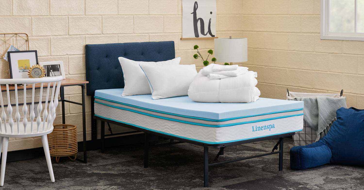 Linenspa mattress and bedding displayed in a dorm room.